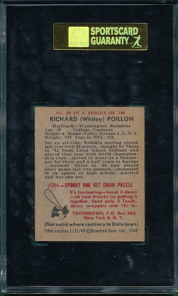 1948 Bowman FB #49 Whitey Poillon SGC 88