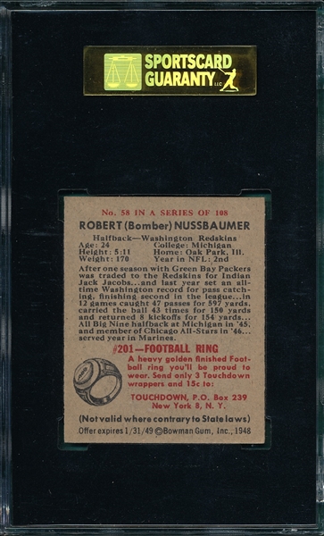 1948 Bowman FB #58 Robert Nussbaumer SGC 88