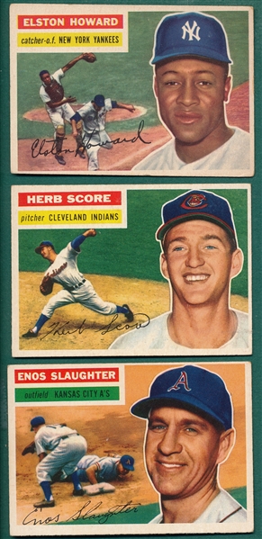 1956 Topps #109 Slaughter, #140 Score, Rookie & #208 Elston Howard, Lot of (3)