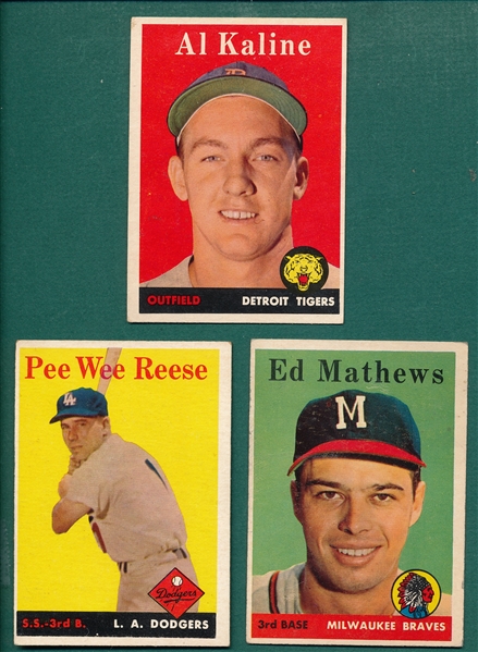 1958 Topps #70 Kaline, #375 Reese & #440 Mathews, Lot of (3) HOFers