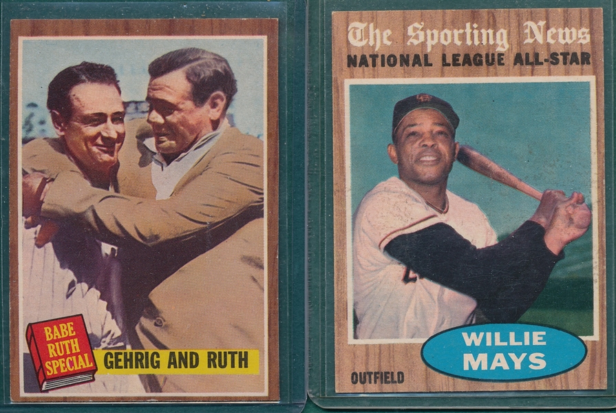 1962 Topps #395 Willie Mays, AS & #140 Gehrig & Ruth, Lot of (2)