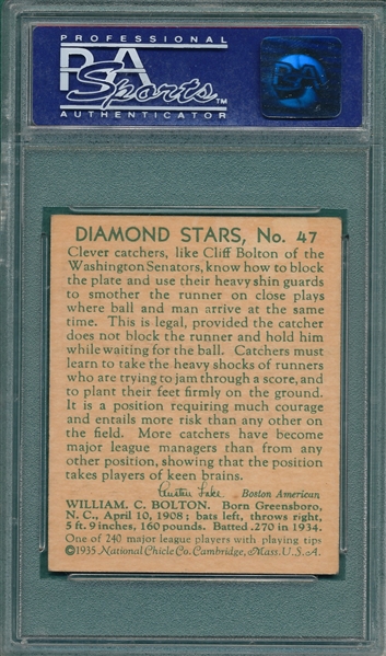 1934-36 Diamond Stars #47 Cliff Bolton PSA 7