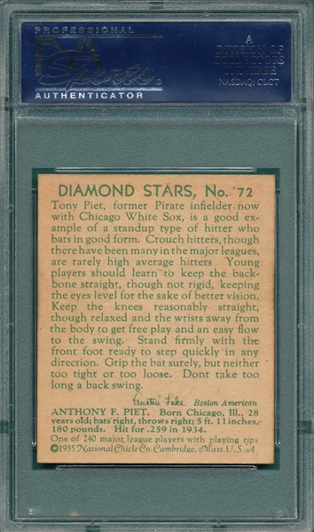 1934-36 Diamond Stars #72 Tony Piet PSA 7