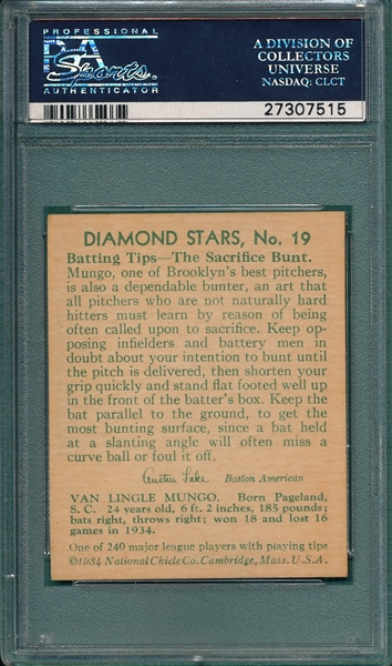 1934-36 Diamond Stars #19 Van Mungo PSA 7 