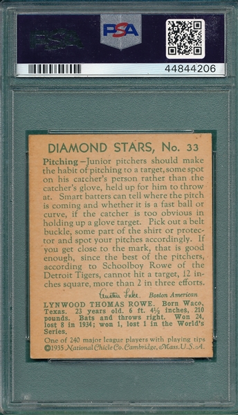1934-36 Diamond Stars #33 Schoolboy Rowe PSA 7 