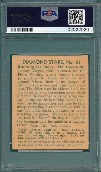 1934-36 Diamond Stars #21 Johnny Vergez PSA 7 