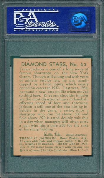 1934-36 Diamond Stars #63 Stonewall Jackson PSA 7 