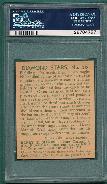 1934-36 Diamond Stars #30 Heinie Manush PSA 7 *W On Sleeve*