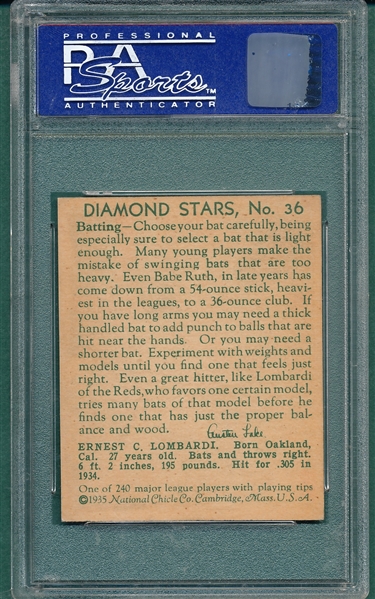 1934-36 Diamond Stars #36 Ernie Lombardi PSA 8 Ernie
