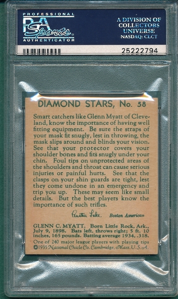 1934-36 Diamond Stars #58 Glenn Myatt PSA 8 