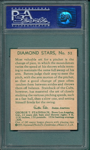1934-36 Diamond Stars #52 George Stainback PSA 8 