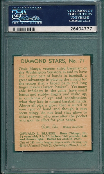 1934-36 Diamond Stars #71 Ossie Bluege PSA 8 