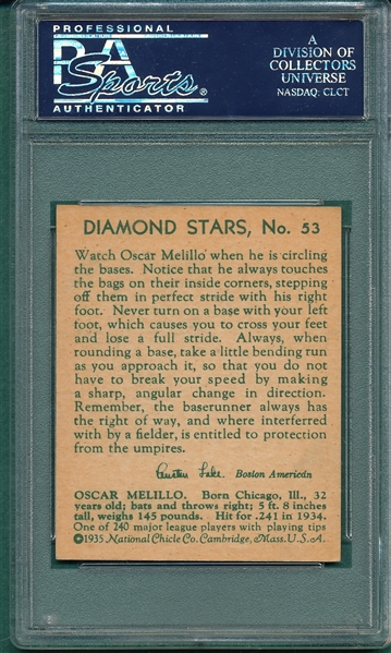 1934-36 Diamond Stars #53 Oscar Melillo PSA 8 