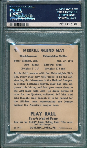 1941 Play Ball #9 Pinky May PSA Authentic *Paper*