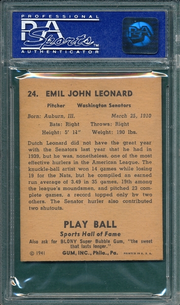 1941 Play Ball #24 Dutch Leonard PSA 8