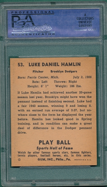 1941 Play Ball #53 Luke Hamlin PSA 8