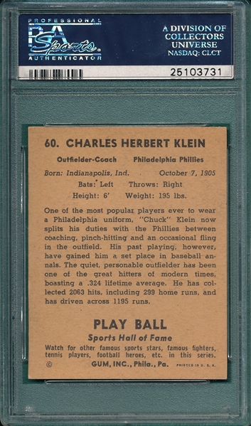1941 Play Ball #60 Chuck Klein PSA 7