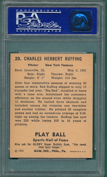1941 Play Ball #20 Red Ruffing PSA 7