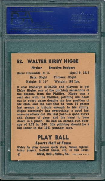 1941 Play Ball #52 Kirby Higbe PSA 7