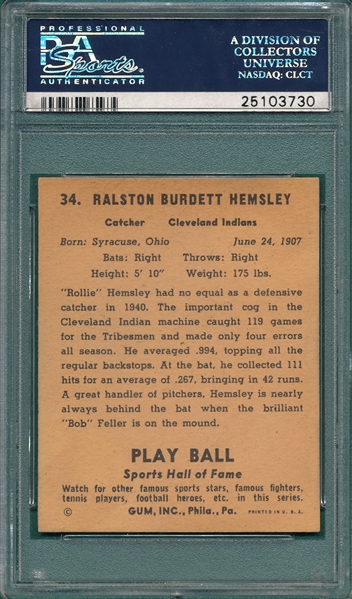 1941 Play Ball #34 Rollie Hemsley PSA 7