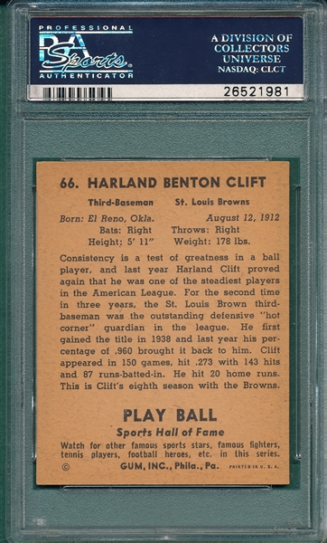 1941 Play Ball #66 Harland Clift PSA 7