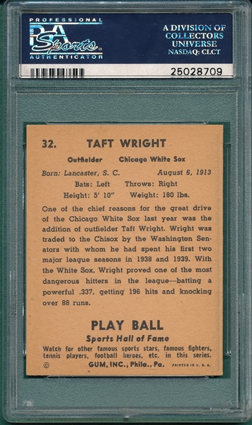 1941 Play Ball #32 Taft Wright PSA 7