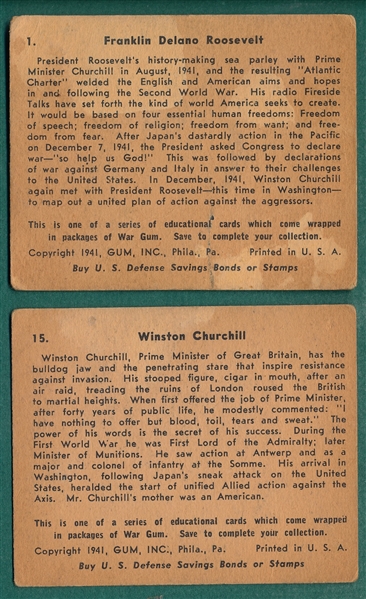 1941 War Gum #1 F. Roosevelt & #15 Churchill, Lot of (2)