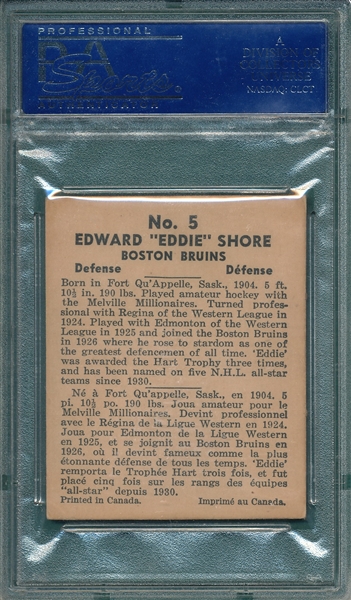 1937 World Wide Gum Hockey #5 Eddie Shore PSA 5