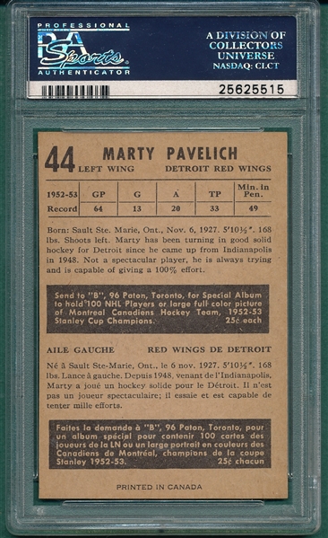 1953 Parkhurst Hockey #44 Marty Pavelich PSA 8