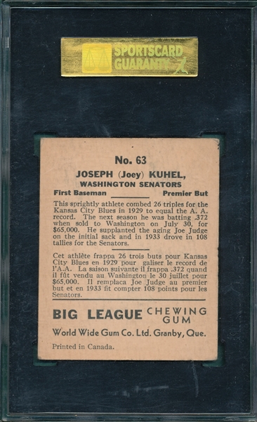 1936 World Wide Gum #63 Joey Kuhel SGC 60