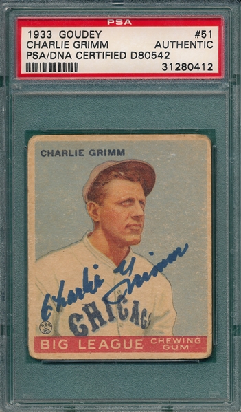 1933 Goudey #51 Charlie Grimm PSA Authentic *Signed*