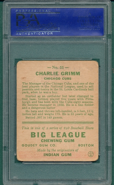 1933 Goudey #51 Charlie Grimm PSA Authentic *Signed*
