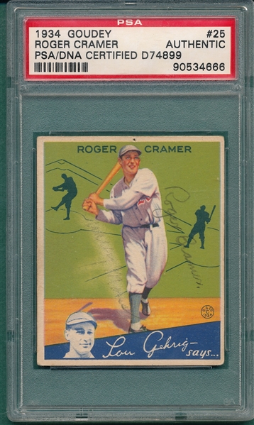 1934 Goudey #25 Roger Cramer PSA Authentic *Signed*