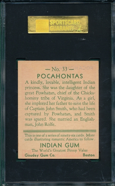 1933 Goudey Indian Gum #33 Pochahonta SGC 80