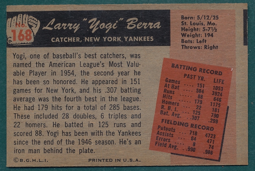 1955 Bowman #168 Yogi Berra 