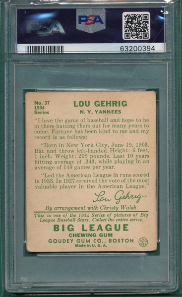 1934 Goudey #37 Lou Gehrig PSA 2.5 *Crease Free*
