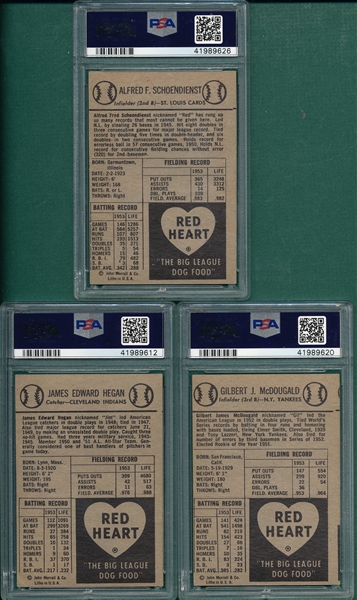 1954 Red Heart McDougald, Hegan & Schoendienst, Lot of (3) PSA