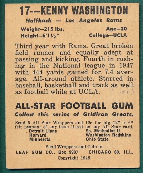 1948 Leaf Football #17 Kenny Washington *Rookie*