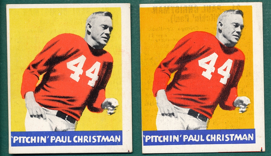 1948 Leaf Football #21 Paul Christman, Orange & Yellow Background, Lot of (2), *Variation*
