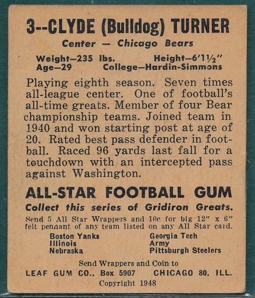 1948 Leaf Football #3 Bulldog Turner *Rookie*