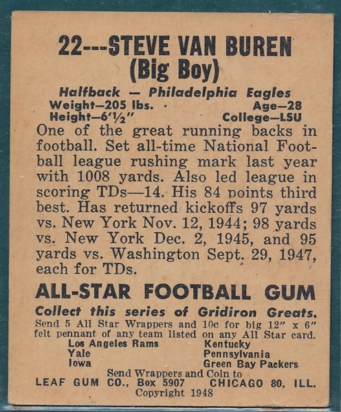 1948 Leaf Football #22 Van Buren, Green Jersey,  *Rookie*