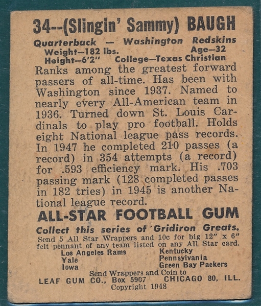 1948 Leaf Football #34 Sammy Baugh *Rookie*