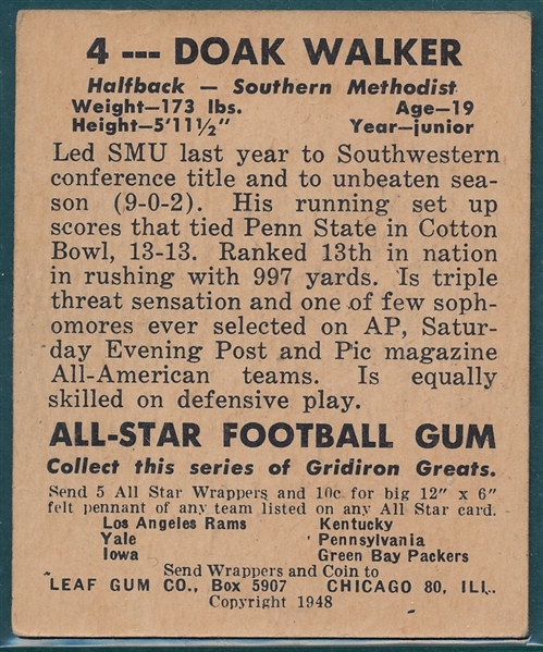 1948 Leaf Football #4 Doak Walker *Rookie*