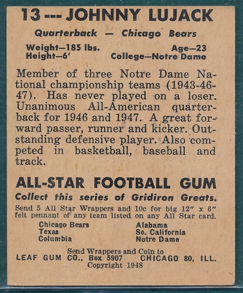 1948 Leaf Football #13 Johnny Lujack *Rookie*