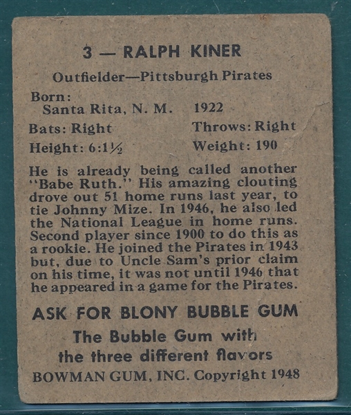 1948 Bowman #3 Ralph Kiner *Rookie*