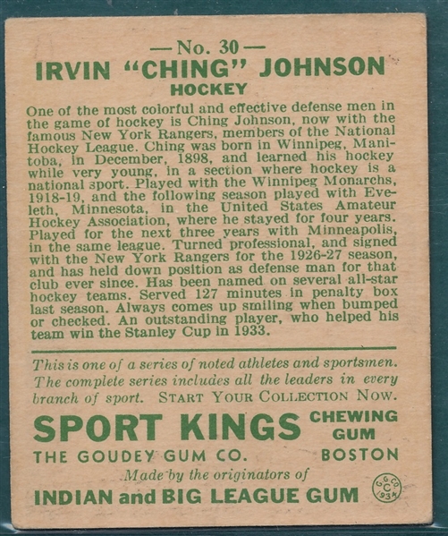 1933 Goudey Sport Kings #30 Ching Johnson *Hockey*