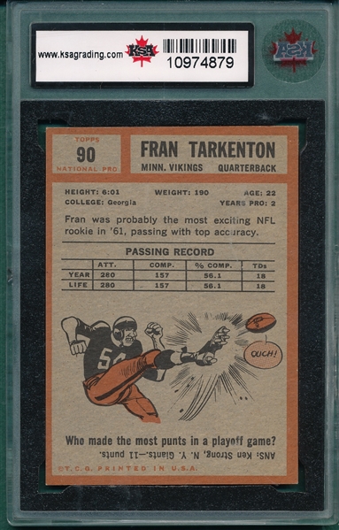 1961 Topps #90 Fran Tarkenton KSA 6.5 *Rookie*