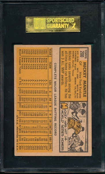 1963 Topps #200 Mickey Mantle SGC 60