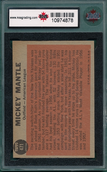 1962 Topps #471 Mickey Mantle, All Star, KSA 7