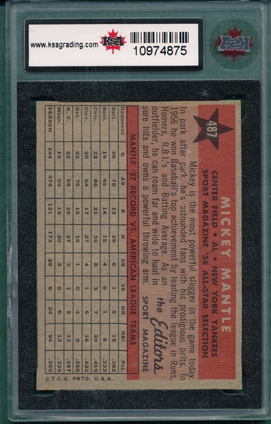 1958 Topps #487 Mickey Mantle, All Star, KSA 4
